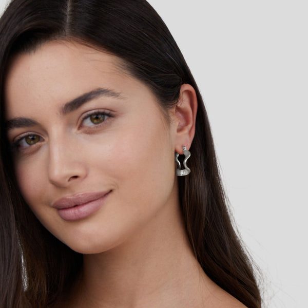 Geometric Wave Silver Hoop Earrings